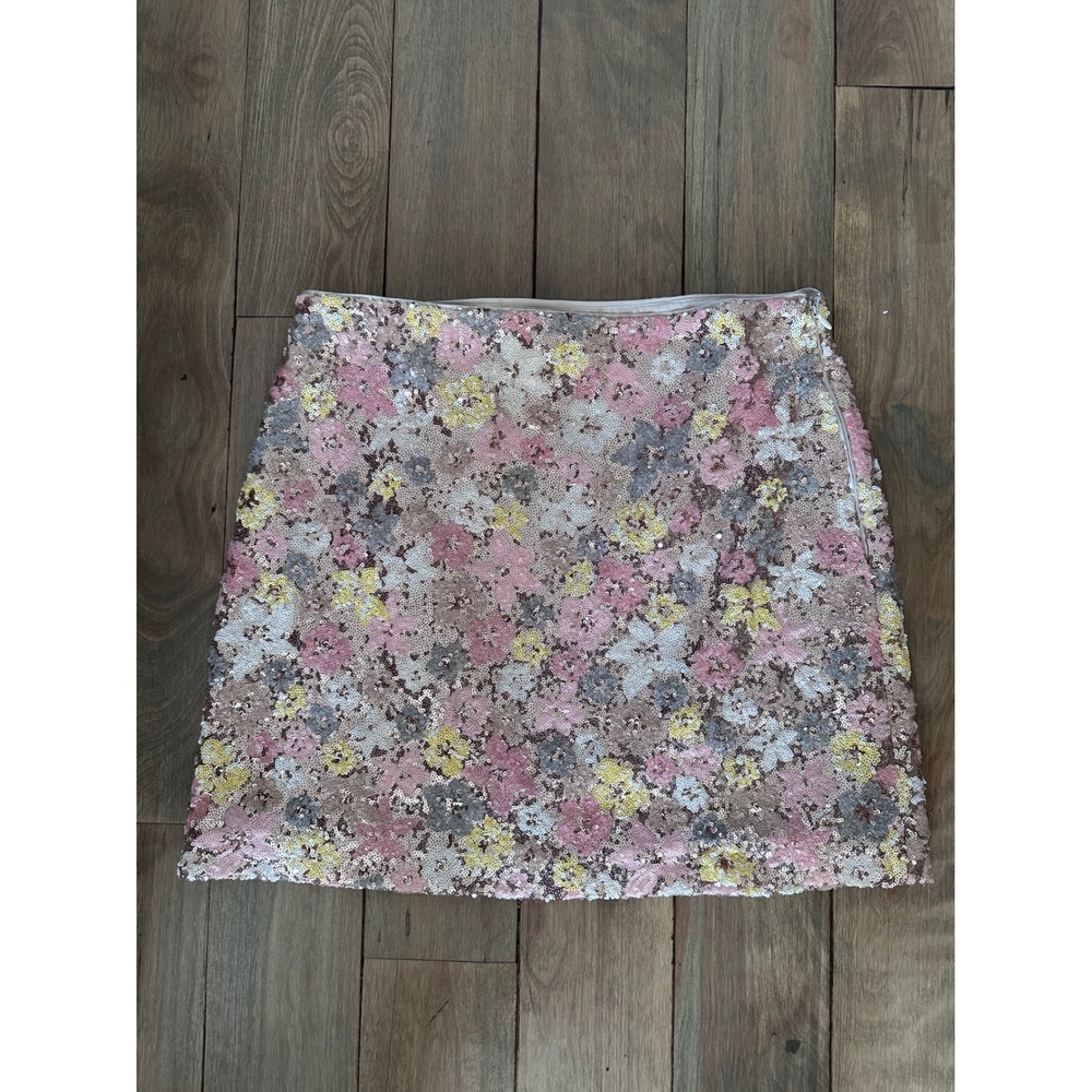 Loft Floral Sequin Mini Skirt Pink Yellow Bronze Size 10 Side Zip Lined